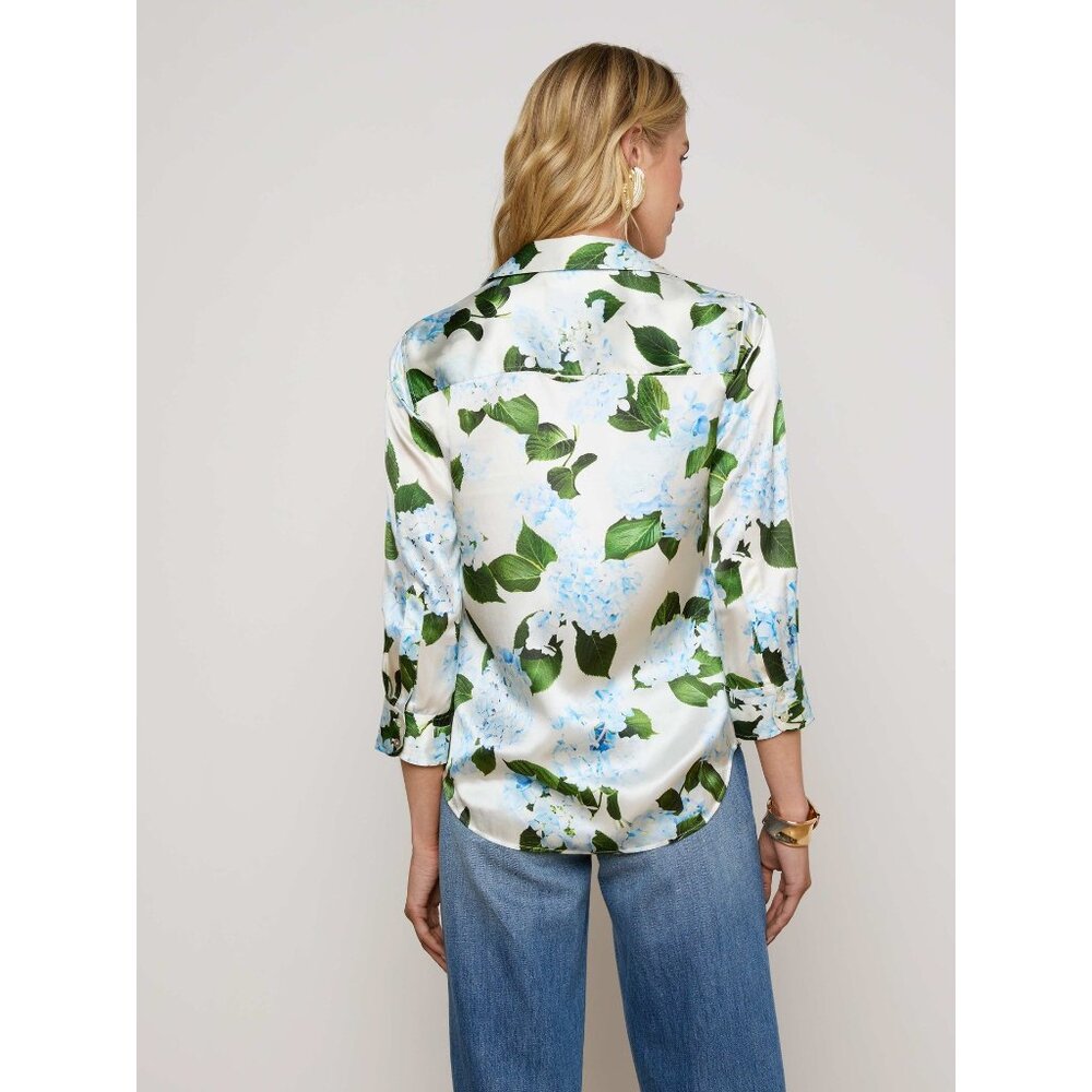 L'Agence DANI SILK IVORY/LIGHT BLUE HYDRANGEA BLOUSE TOP SIZE XS - Picture 2 of 10